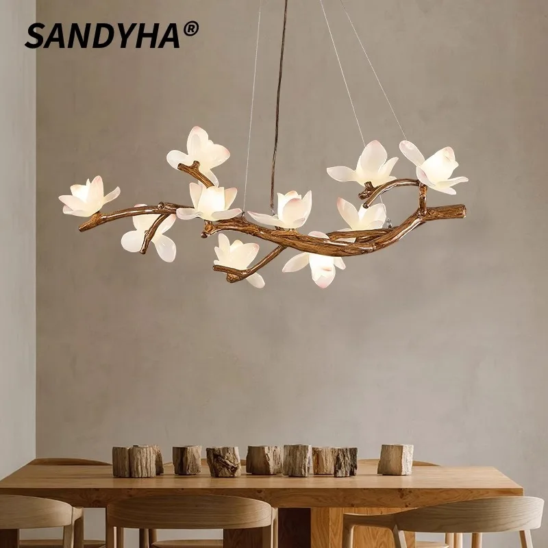 SANDYHA Nordic Creative Pendant Light Resin Wood Ice Flower Chandelier LED Lighting For Art Decor Villa Living Room Dining Table