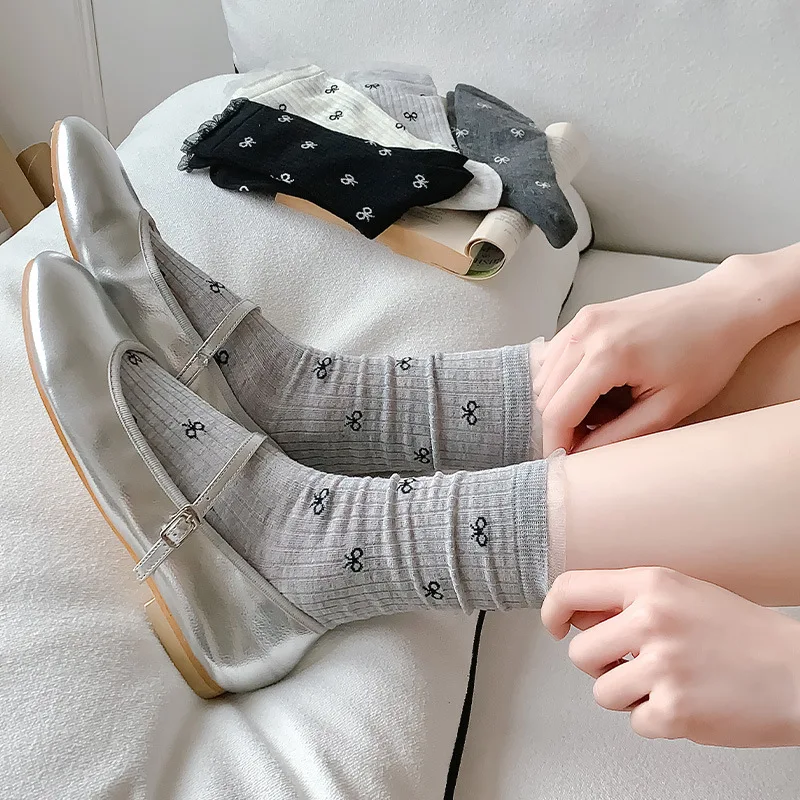 

Ballet Style Cute Bow Women Socks Cotton Thin Breathable Summer Middle Tube Socks Bowknot Lolita Girls Kawaii Lace Ruffle Socks