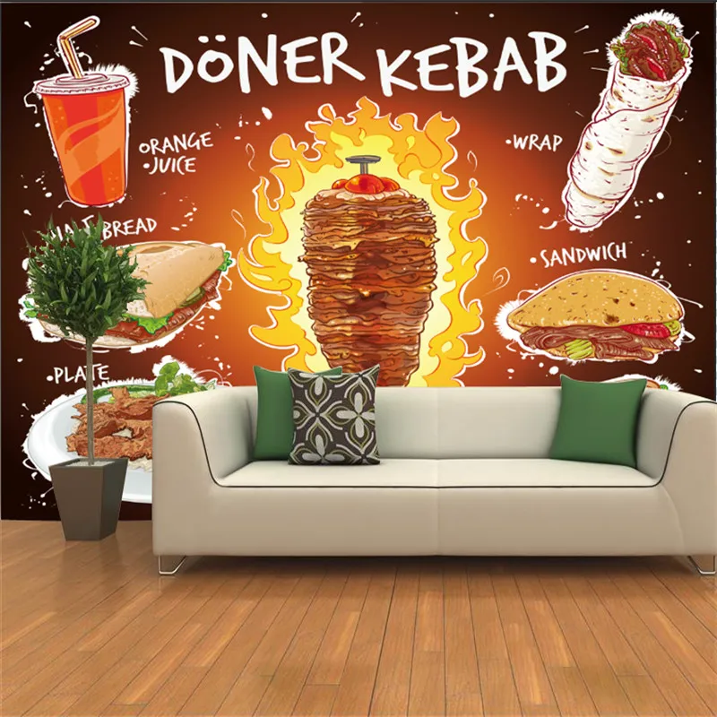 Custom Hand Drawn Doner Kebab Flat Bread Sandwich Plate with Orange Juice Mural Wallpaper Fast Food Restaurant Wall Paper 3D