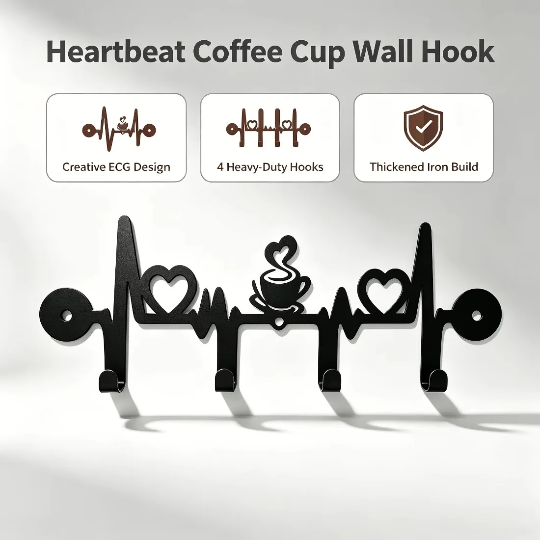 CIFBUY 1pc ECG Heartbeat Coffee Pattern Metal Wall Hook Key Coat Hat Hanger Space Saving Rack for Coffee Cups, Powder-Coated