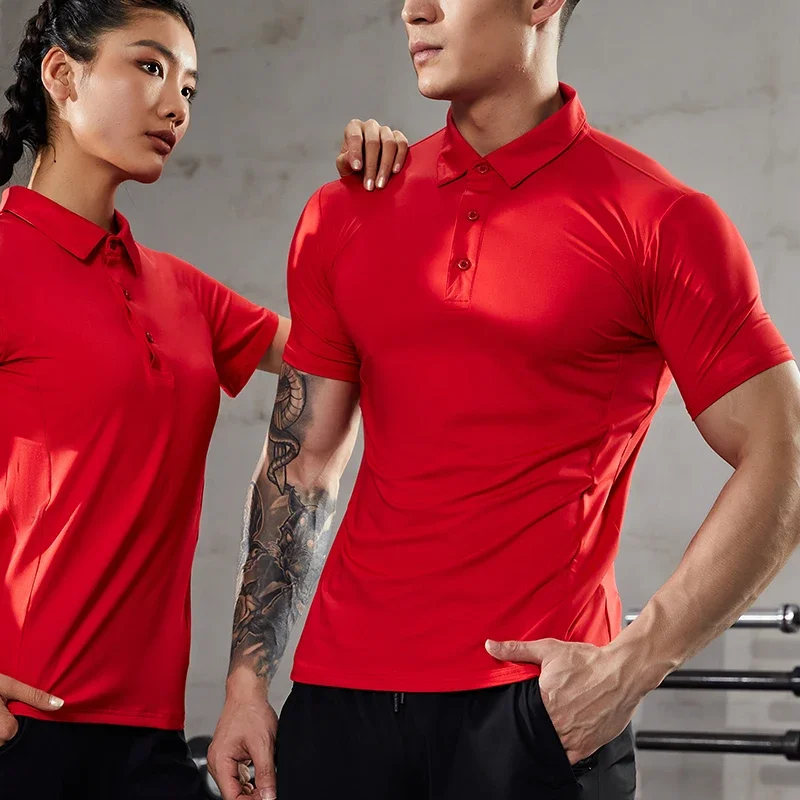 Summer Men Casual Stretch T-Shirt Gym Muscle Fit Shirt Sports Outdoor Quick Dry Ice Silk Short Sleeve Golf Lapel Tee Solid Color