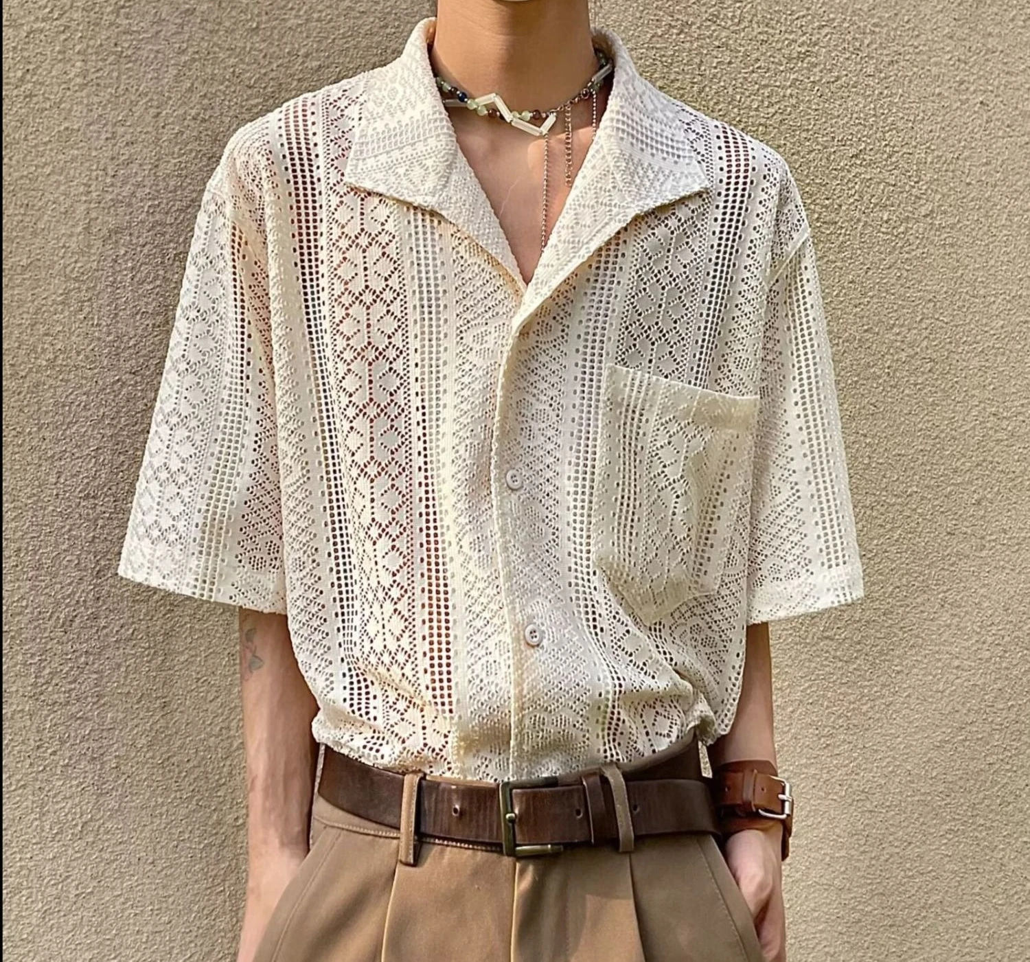 

Summer Hollow Lace Shirt Men's Light Luxury Breathable Thin Vacation Casual Shirt