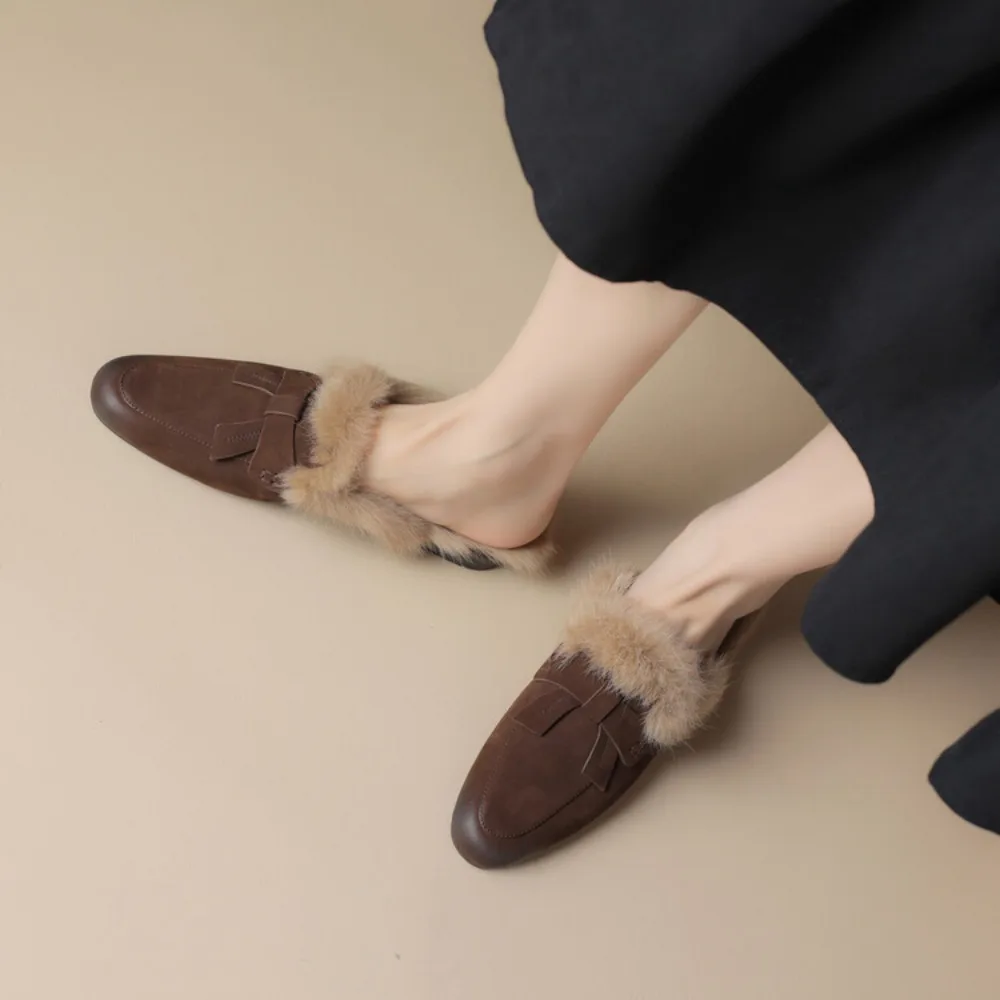 Women Genuine Leather Fur Flat Mules Slipper Fashion Solid Color Closed Toe Plush Slippers Casual Outdoor Furry Warm Slides