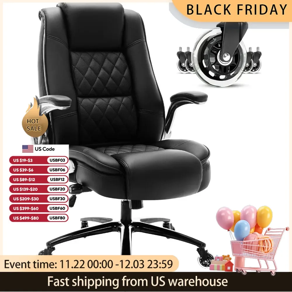 High Back Office Chair-Flip-up Arms, Built-in Lumbar Support Thick Padded Adjustable Rock Tension Ergonomic Design for Back Pain