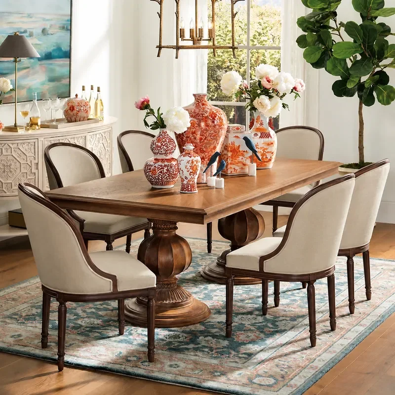 Solid Wood Dining Table and Chair Set Nordic Home Rectangular Large Table Retro Ash Wood Parquet Log Dining Table