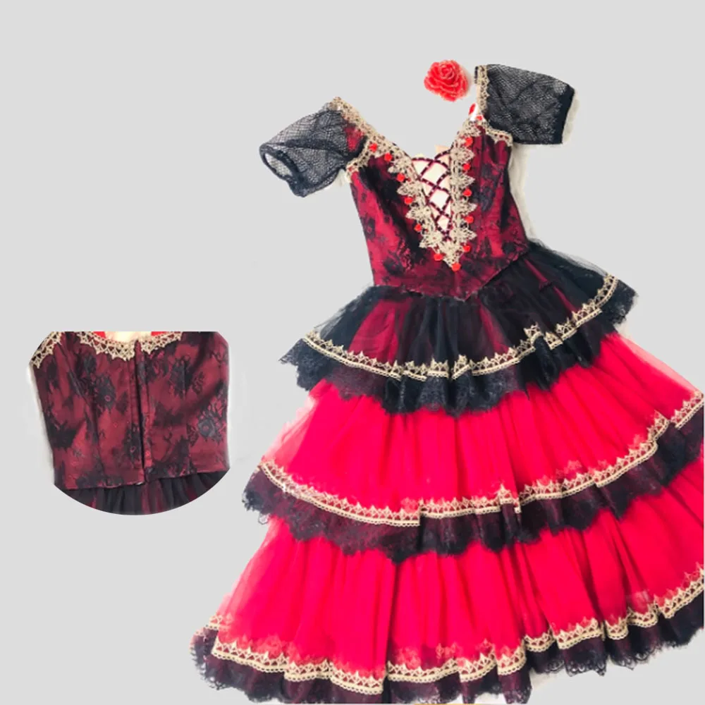 Professional Red Black 3-Layer Long Spanish Ballet Dress,High Quality Customized DON QUIXOTE Big Swing Long Dress