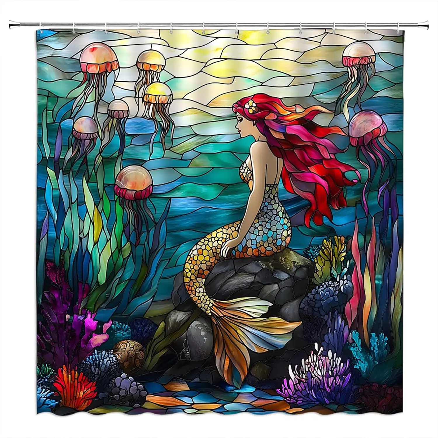 Stained Glass Mermaid Shower Curtain Vintage Blue Ocean Underwater World Cute Mermaid Jellyfish Coral Nautical Fabric Bathroom