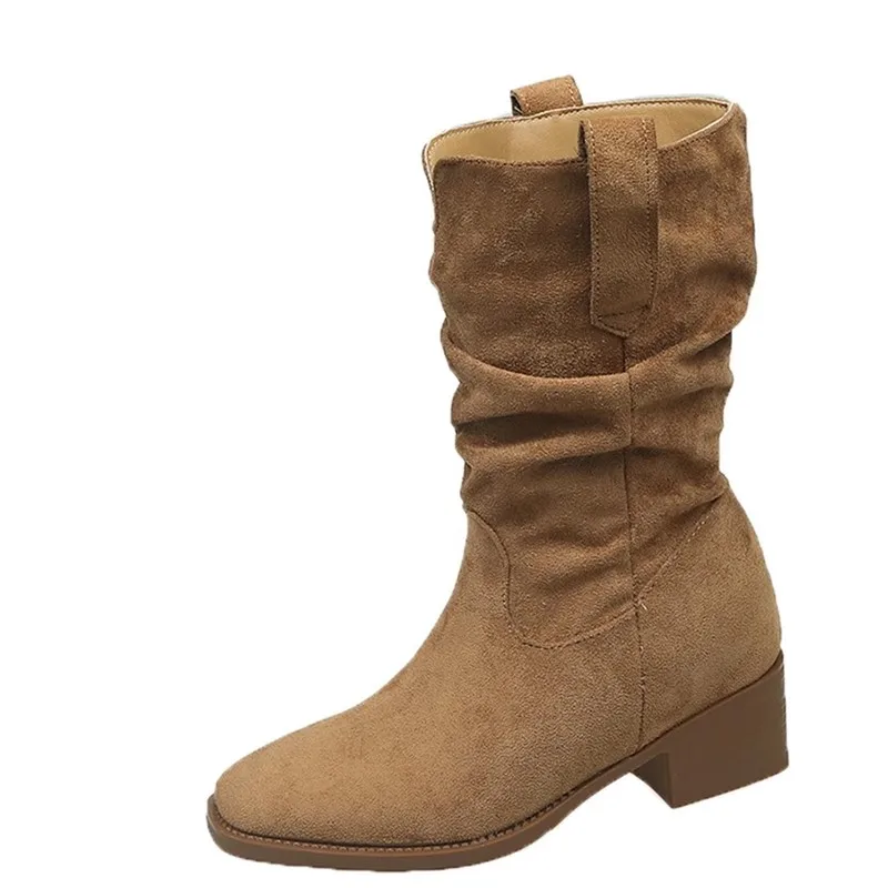 

Women's Winter Fashion Booties Padded Folded Design Velvet Surface Mid-Calf Retro Style PU Insole Cotton Lined Heightening