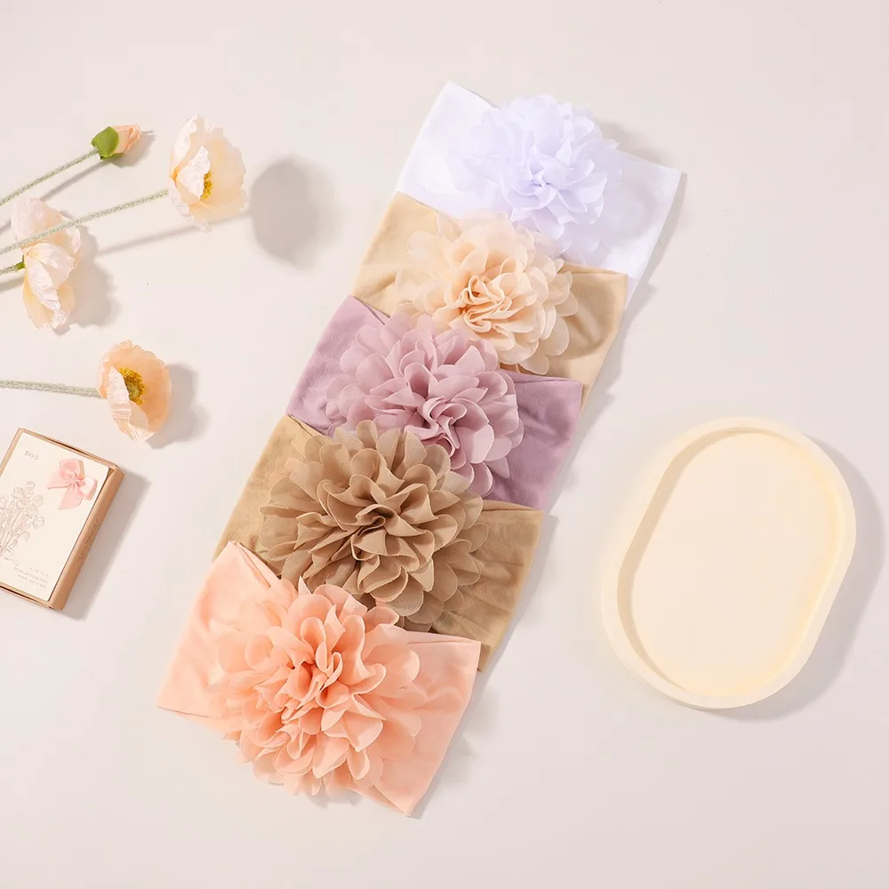 5Pcs Cute Chiffon Large Flower Baby Wide Headbands Soft Stretch Nylon Hairbands For Newborn Toddler Girls Hair Decor