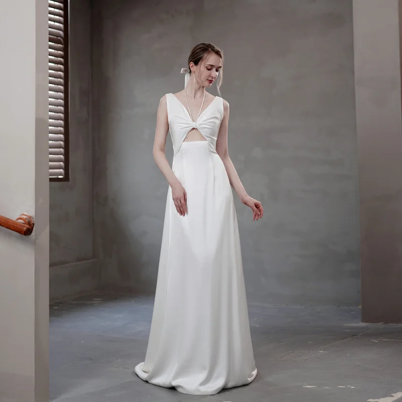 فستان زفاف فرنسي بسيط أنيق للزواج والخطوبة فستان سهرة رخصة العروس فستان أبيض نحيف