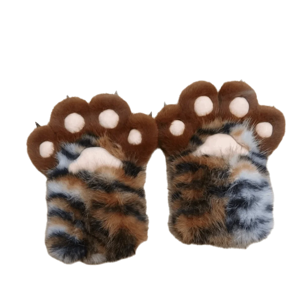 かわいいトラ柄獣の爪グローブ-毛皮で厚みのあるコスプレコスチュームグローブ-暖かいストライプの猫の爪ミトン-コスプレ小道具