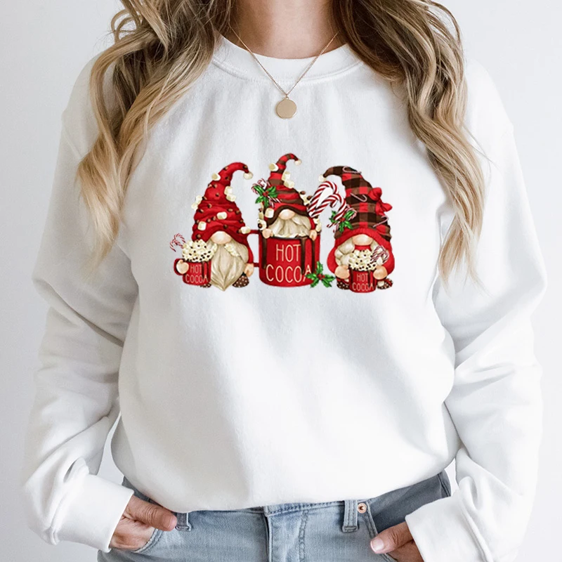 

New Christmas Gnomes Hot Cocoa Print Round Neck Sweatshirt Fashion Women Autumn Winter Tops Casual Hoodless Pure Color Pullovers