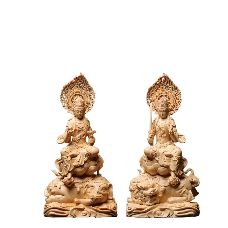 

Hand-Carved Hinoki Manjushri & Samantabhadra Bodhisattva Statue - 10.2" Dragon Snake Rabbit Guardian Ornament Feng Shui Decor