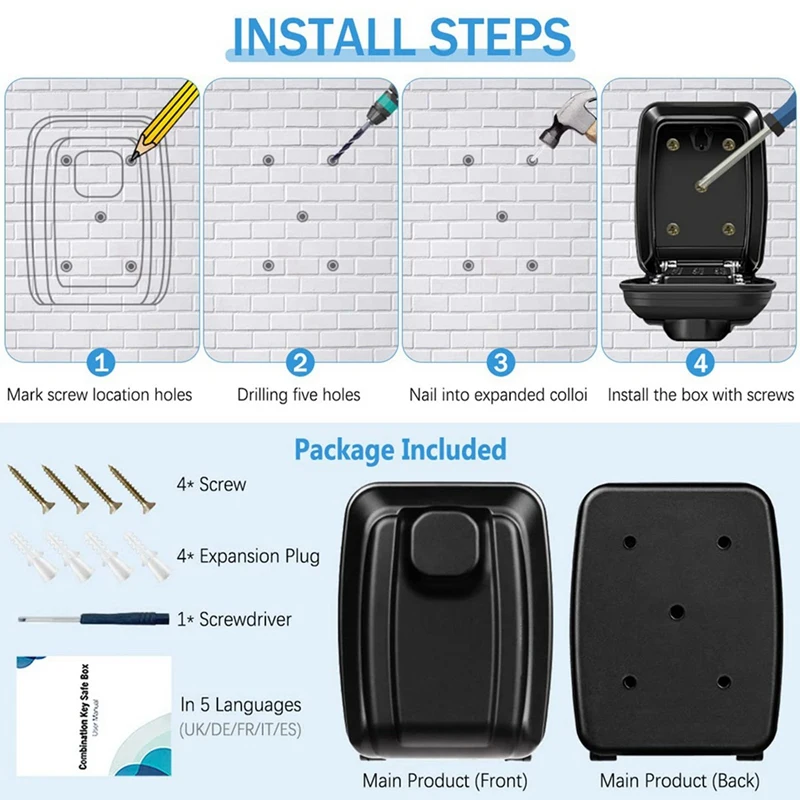 Wall Mounted Caixa Chave Grande, impermeável Caixa Chave Exterior, 12 Código, Rustproof, Heavy Duty, Secure, 2 Pcs