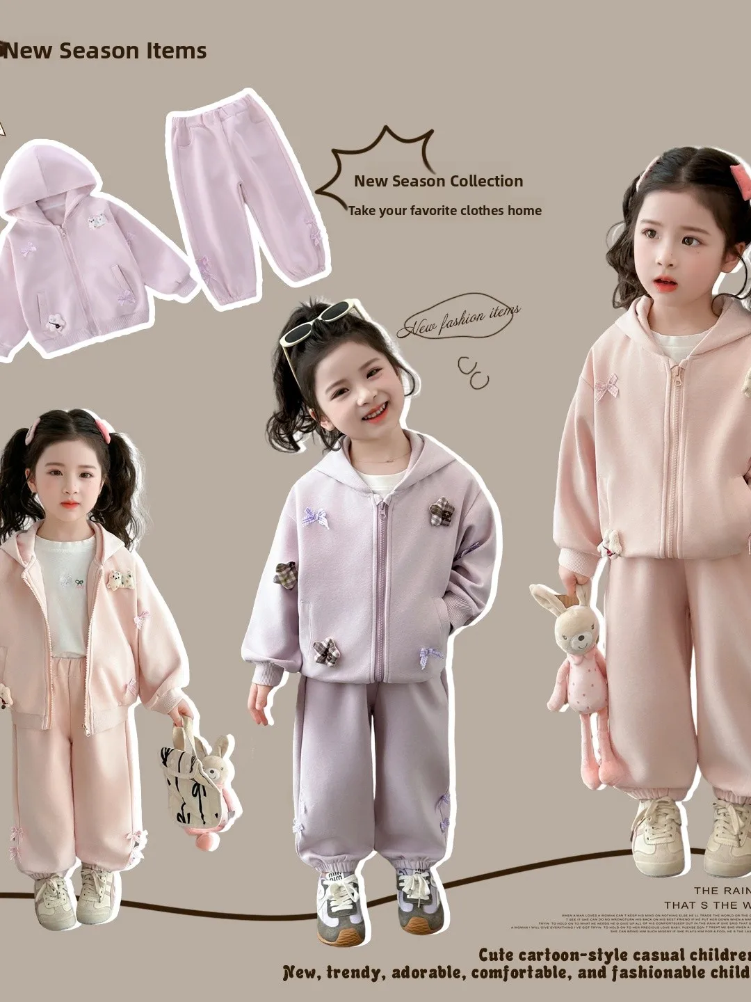 

Cute Comfortable Spring New Arrival Children's Casual Outfit with Bowtie Hat Two-Piece Set Cotton Long Sve Hoodie And Pants