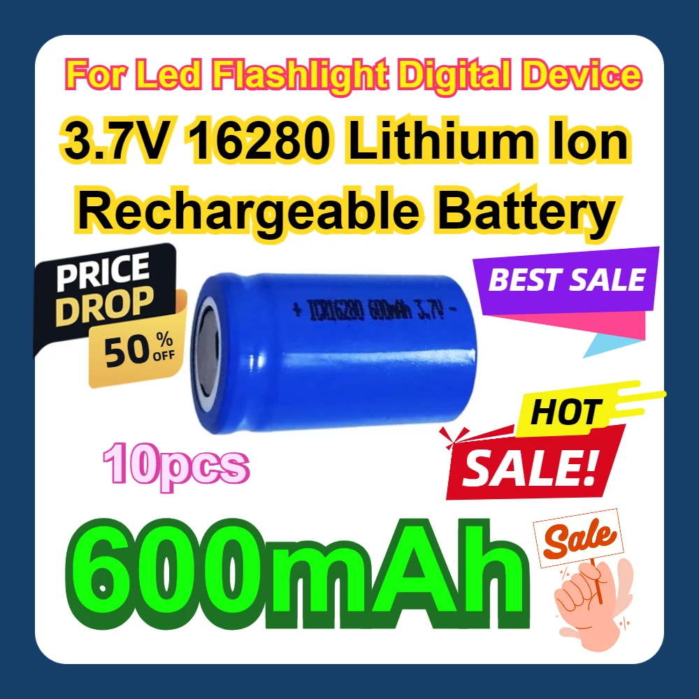 

10pcs For Led Flashlight Digital Device 3.7V 16280 Lithium Ion Rechargeable Battery Li-ion Cell Baterias 600mAh