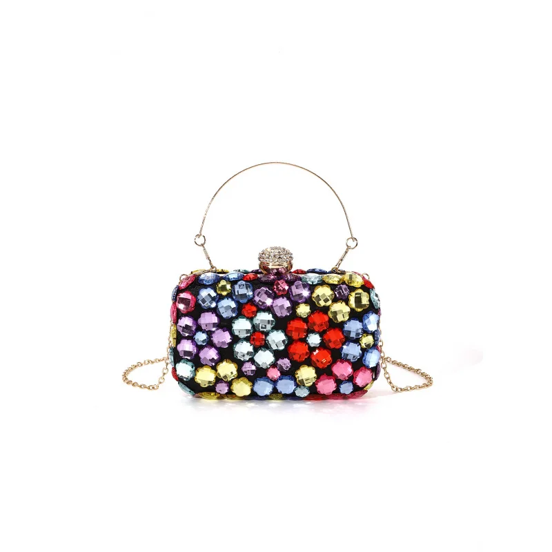 Handmade Colorful Crystal Flower Rhinestone Bead Embroidery Women's Party Handbag Crossbody Box Evening Bag