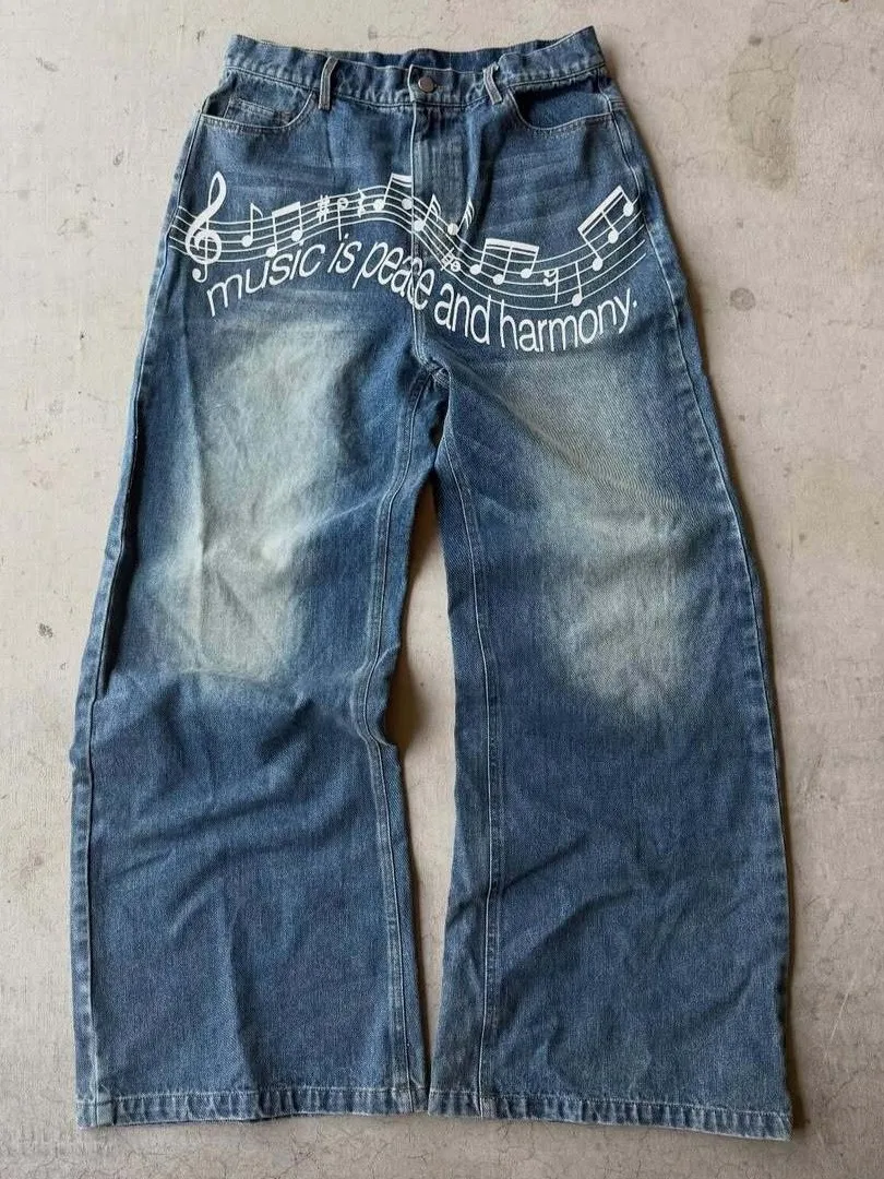 Y2K Cross-border Printed Denim High Street Vibe Loose Straight Leg Jeans Water Wash Cotton Youth Casual Straight Jeans