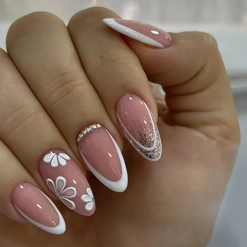 

24Pcs Mid-length Almond Fake Nail French White Flower Design Press on Nails Shiny Powder Rhinestone Detachable False Nails Tips