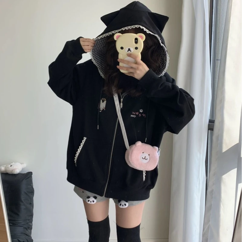 سترة نسائية بغطاء للرأس على الطراز الياباني من Deeptown سترة بقلنسوة برسوم كارتونية حلوة هاراجوكو سترة سميكة من Cutecore كبيرة الحجم بسحاب