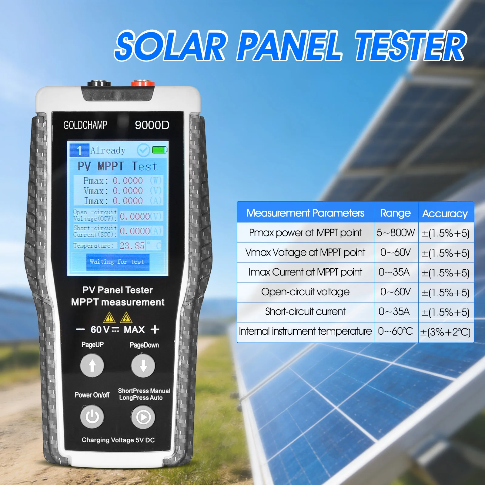 PV Photovoltaic Power Meter 800W MPPT Tracker, Solar Panel Tester, Volt Amp 60V 35A, Data Logger Holdpeak 9000D