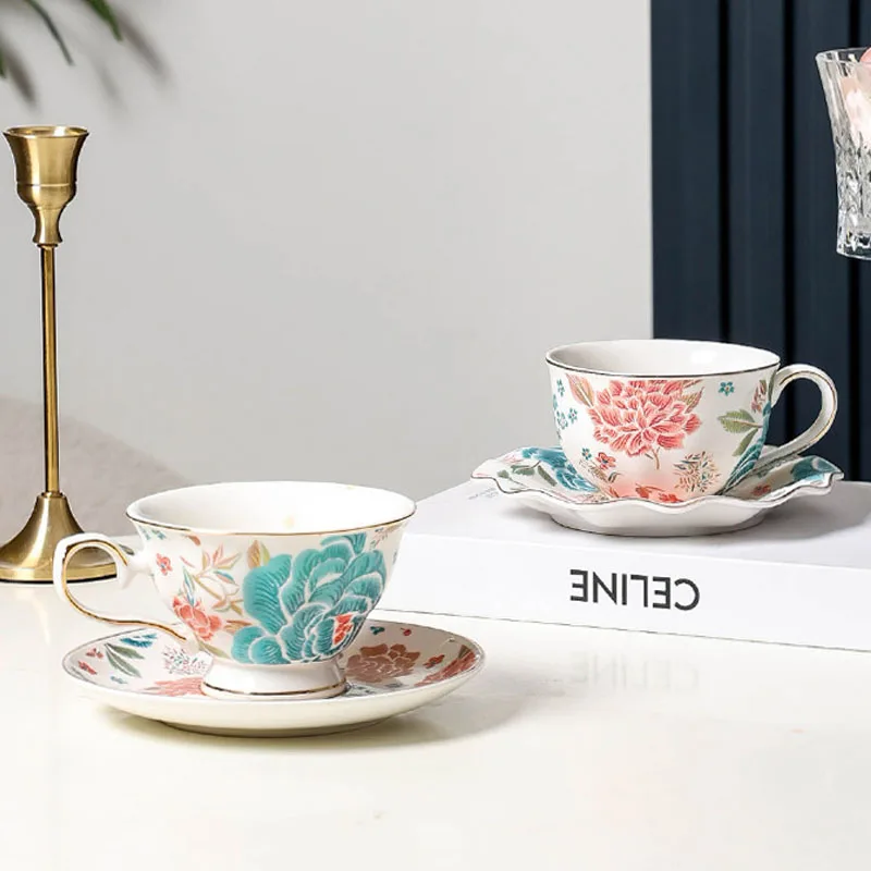 Floral Tea Cups and Saucers Set with Gold Trim Porcelain Latte Mugs for Party, Birthday Cafe Home and Christmas Gift
