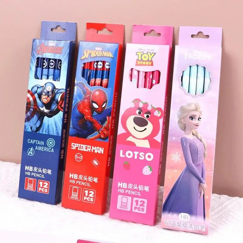 12Pcs Disney Spider-Man Pencil Stationery Captain America Pencil Set Elsa Lovely Lotso School Supplies HB Pencil Holiday Gifts