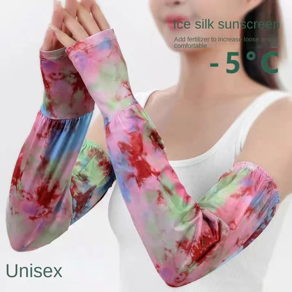 Cravate teinture manches longues en soie glacée Style ethnique Protection solaire bras couvre isolation UV manches de glace gants de cyclisme