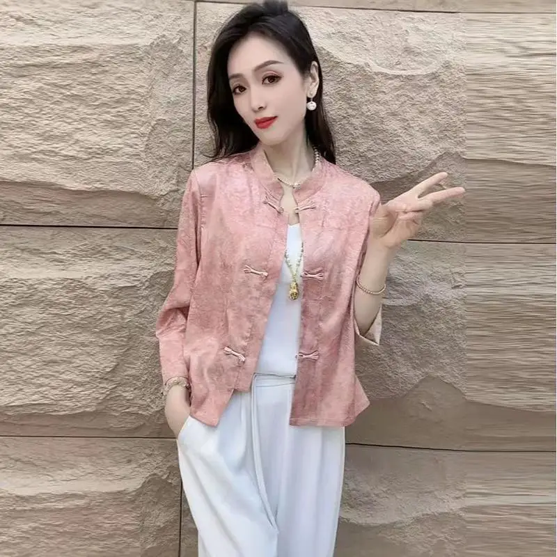 2026 Spring Autumn New Women Clothing Chinese Style Stand Up Collar Jacquard Tops with Stylish Versatile Style Nine Sleeve Coat - view 5