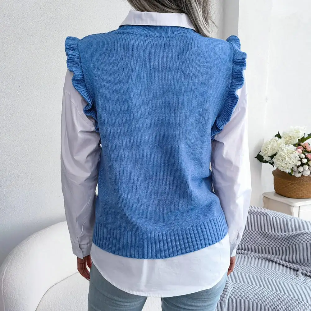 Women Autumn Winter Warm Sleeveless Knitted Sweaters O-Neck Solid Color Rhombus Pattern Ruffle Cuffs Sweater Vest Female Tops