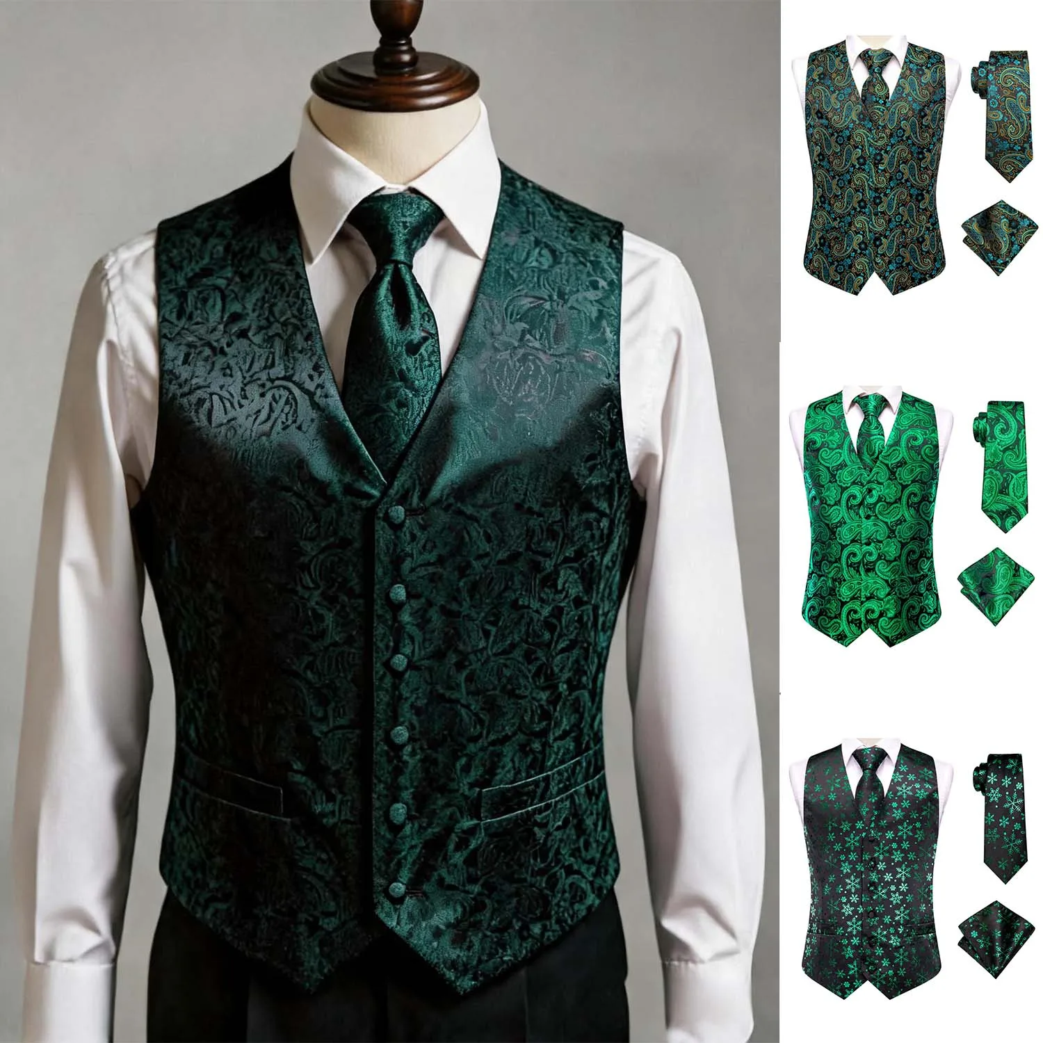 

Green Men Vest Three-Piece Suit Set, Dress Waistcoat with Tie and Pocket Square for Party Ceremony