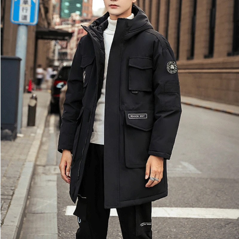 

2024 New Winter Mens Down Jacket Men's Mid Length Coat Thicken Warm White Duck Down Hooded Collar Cotton Coat Windproof Jackets