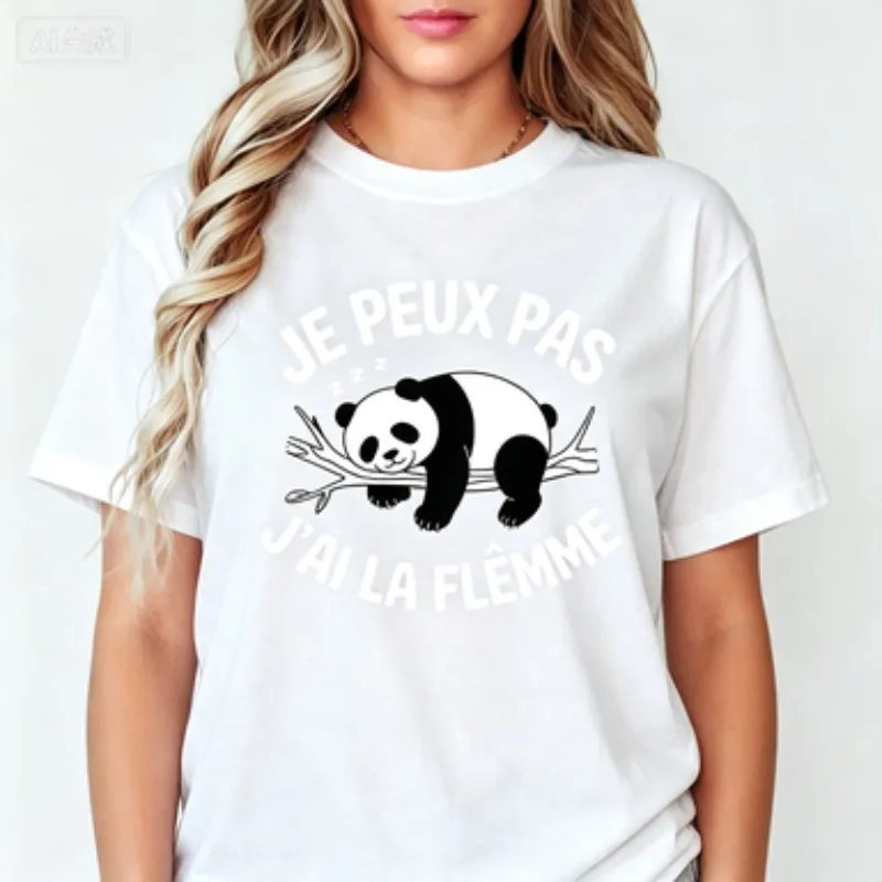 Fashion Women Cotton Crewneck Tshirt French Funny Text Panda Graphic Short Sleeve Aesthetic Lazy Vibe Casual Party Gift Tops