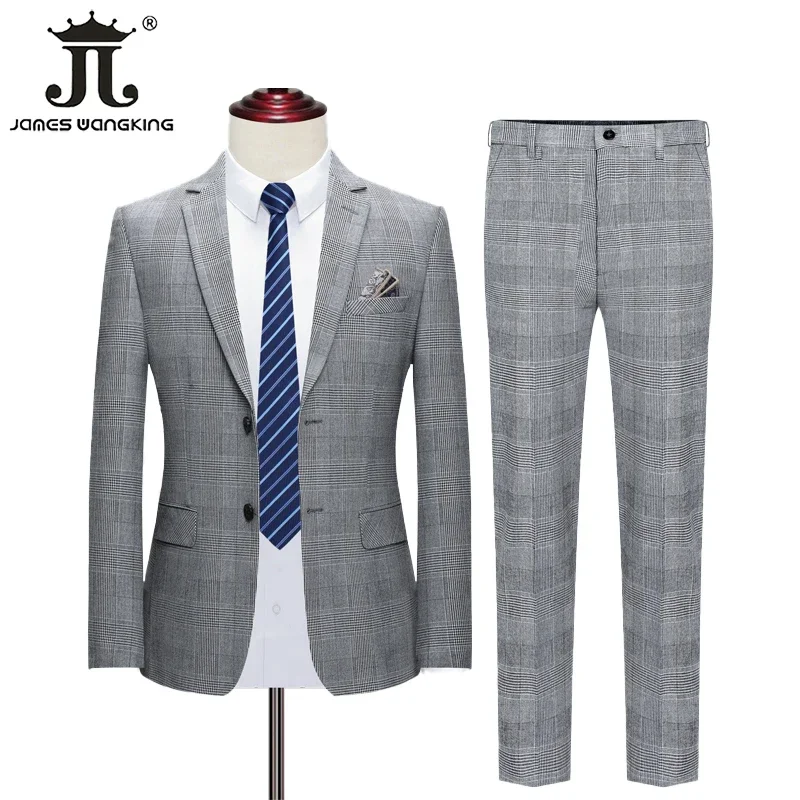 ( Blazer + Pants ) High-end Brand Boutique Classic Plaid Men\'s Formal Business Suit 2Pcs Set Groom Wedding Dress Show Stage Suit