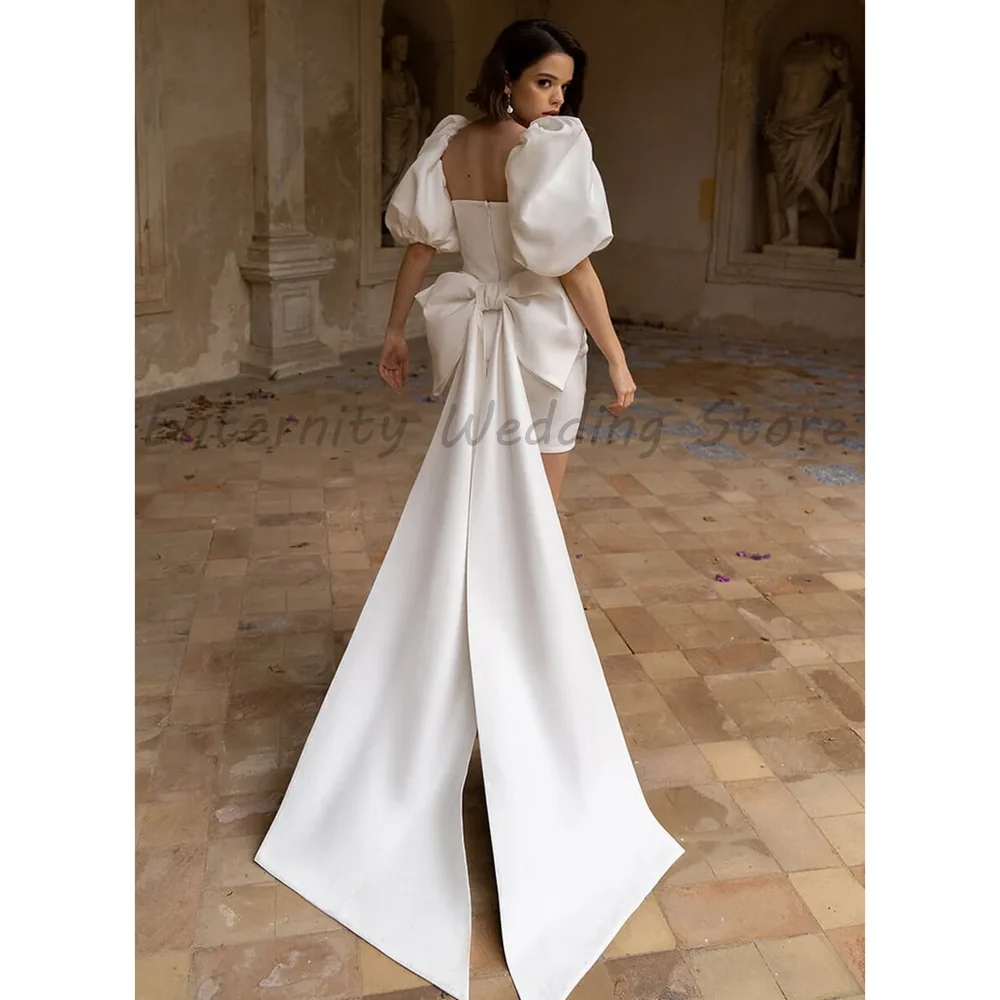 Modern White Satin Puff Sleeve Mini Wedding Dress High Low Asymmetrical Bridal Gown For Engagement