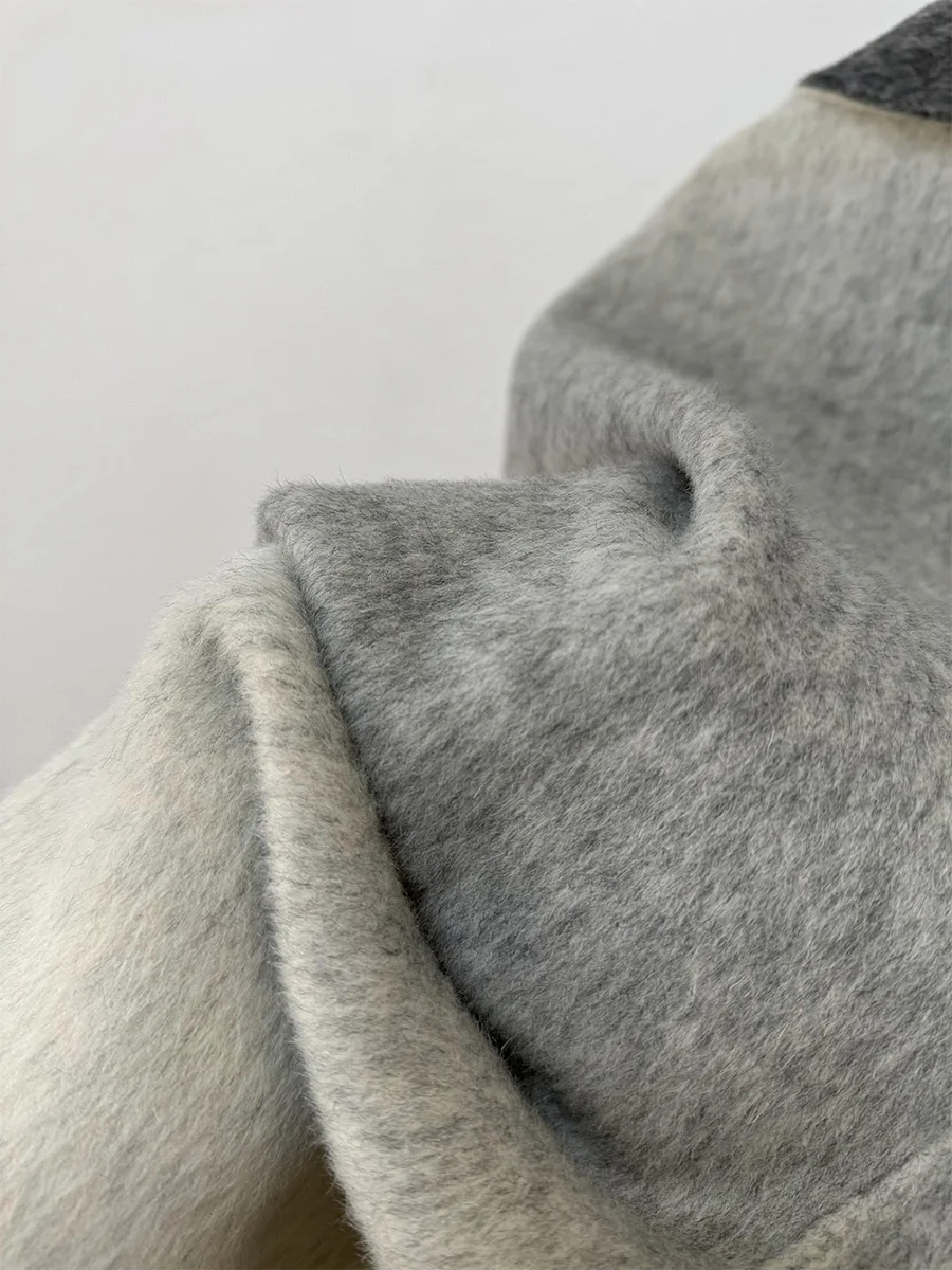 Newest Design Sense Large Scarf Style Gradient Gray Sheep Wool Double-sided Coat Loose Handmade Coat for Women Autumn and Winter
