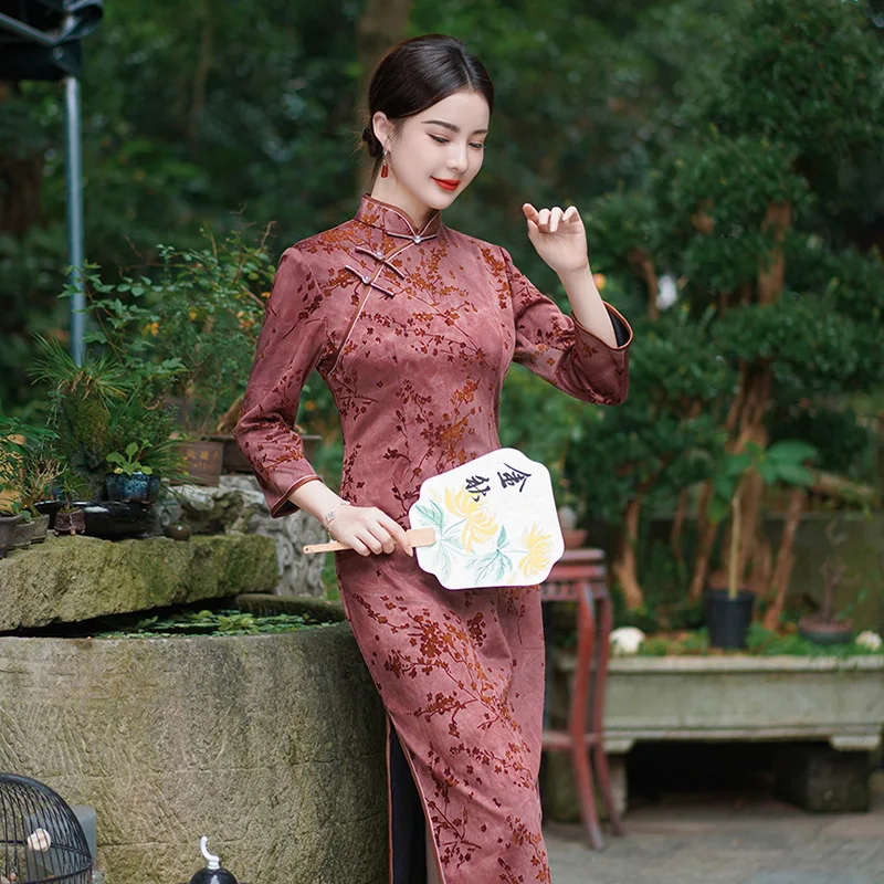 

New Improved Velvet Cheongsam National Style Large Long Nine-Quarter Wedding Ceremony Banquet Mother Performance Dress