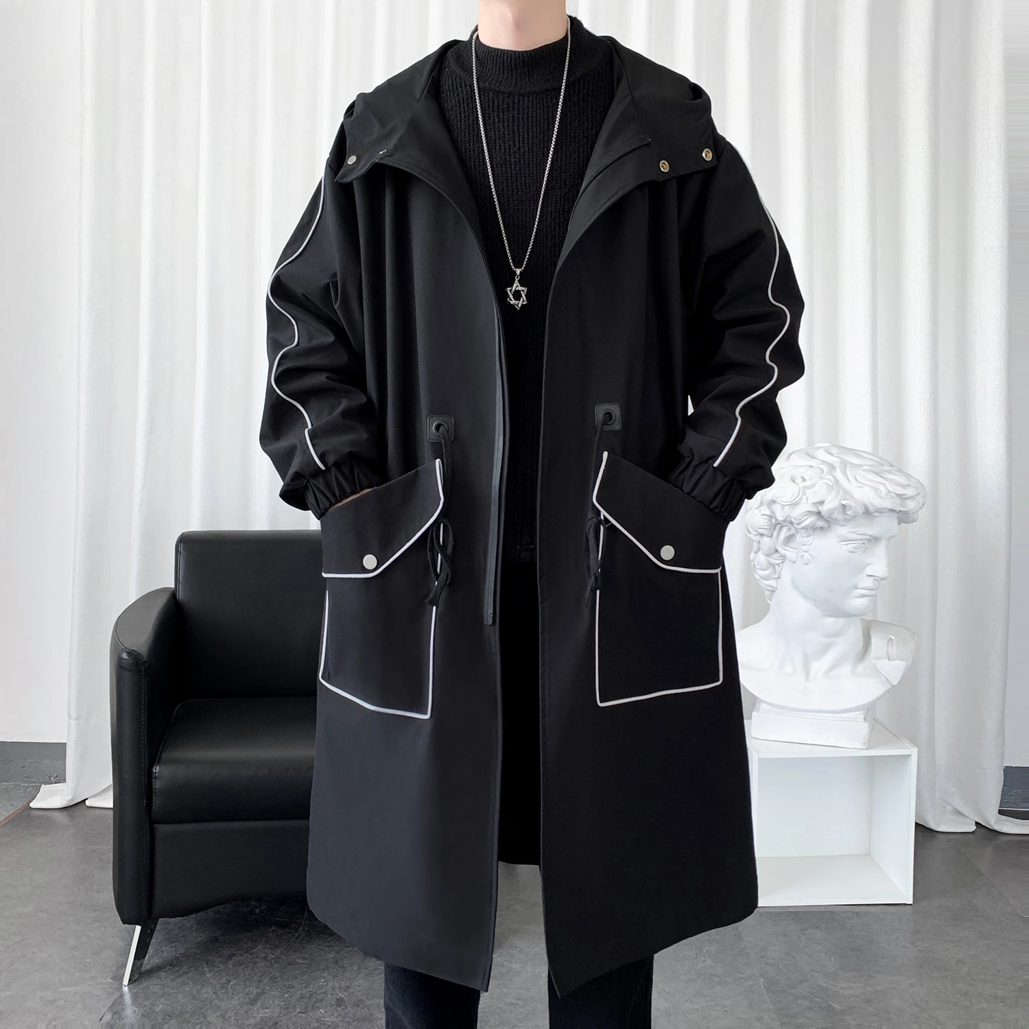 Males Long Windbreaker Hooded Trench Coat Contrasting Loose Oversized Jacket Patchwork Casual Tops Pocket Waistband Man Clothing