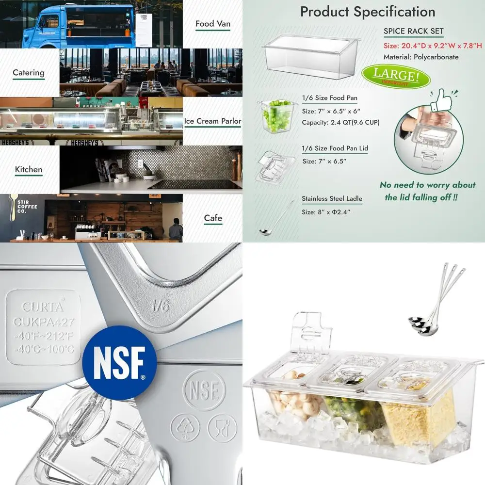 

NSF-Certified Commercial Spice Rack, Polycarbonate, 3 1/6 Pans & 3 Ladles, 9.6 Cup Capacity, Countertop Organizer, Freezer Safe