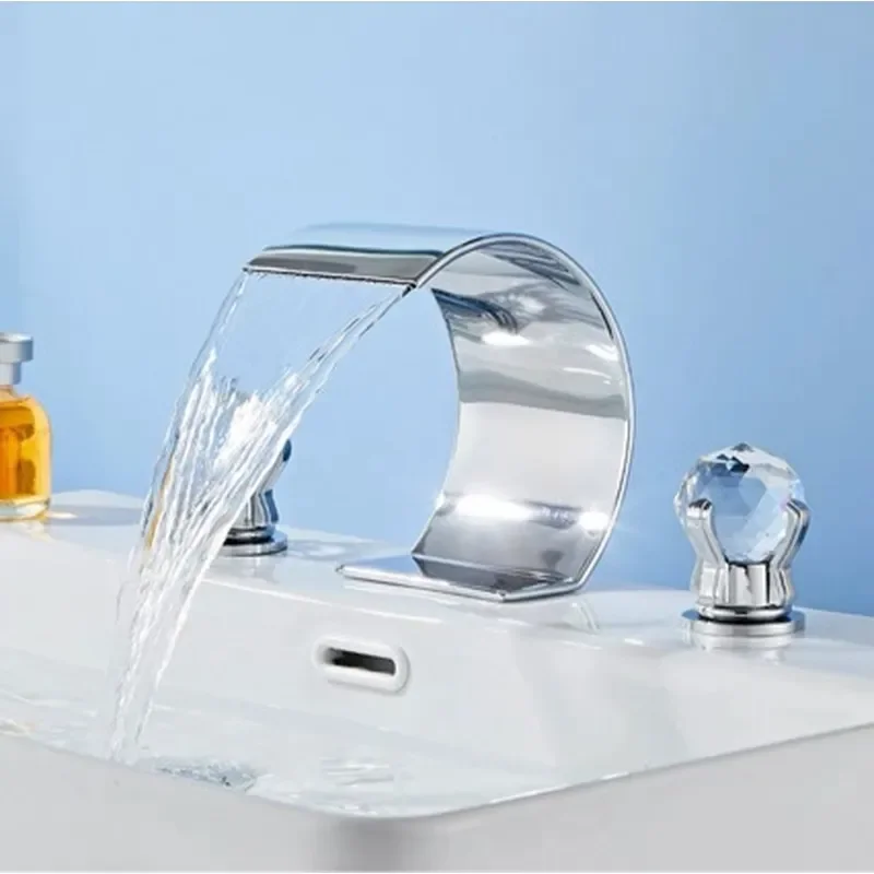 Hot and Cold Waterfall Basin Faucet All Copper Bathroom Sink Mixer Tap Three Hole Split Design for Hand Washing Basin Cabinet
