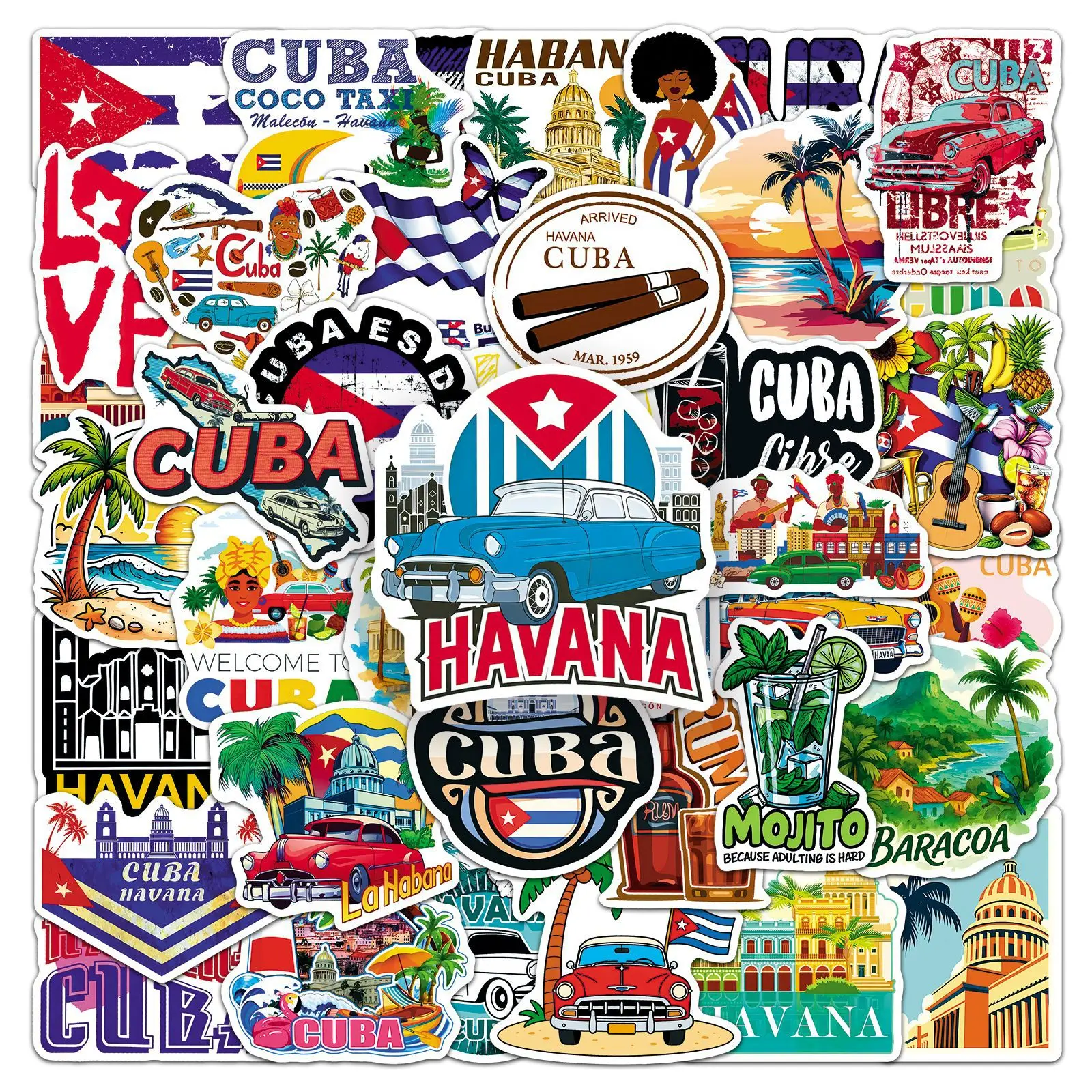 50 PCS Cuba City Landmark Architecture Outdoor Travel Scenery Theme Stickers Decorate Luggage Scrapbook Waterproof Decals