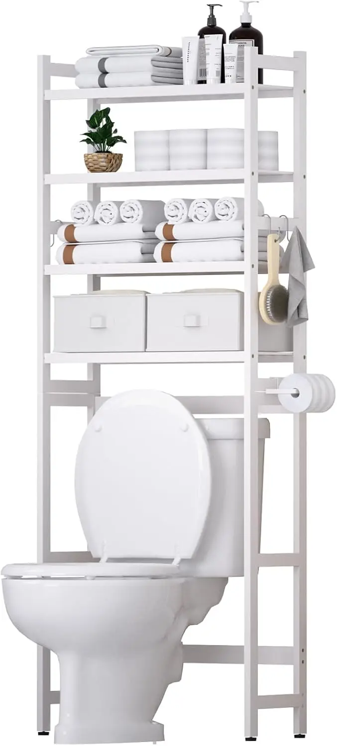 The Toilet Storage with 2 Baskets, 4-Tier Bamboo Organizer Rack with Paper Holder & 4 Hooks