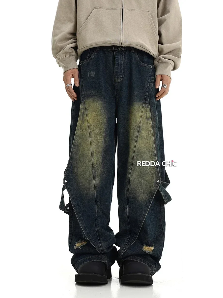 Jeans largos distorcido para homens, calça de lavagem vintage, desgastada e desfiada, calça casual reta emendada, streetwear Y2K com cinto