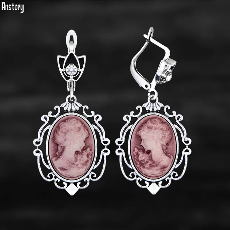Victoria Pendant Lady Queen Cameo Earrings For Women Antique Silver Plated Flower Plant Vintage Look Fashion Jewelry