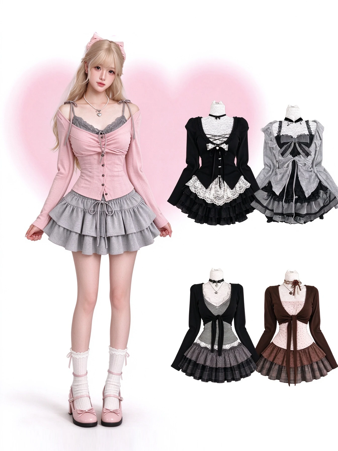 Japanese Sweet Skirt Suit Women Lace Bow Blouse + Ruffle Mini Skirt Y2K Harajuku Vintage Kawaii Korean Chic Outfits Autumn