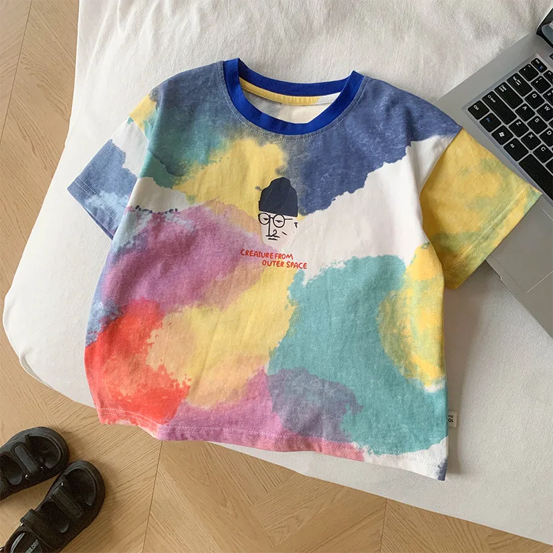 New summer children Colorful tie dyeing T shirts cartoon letters cotton short sleeve Tees boys soft loose Tops