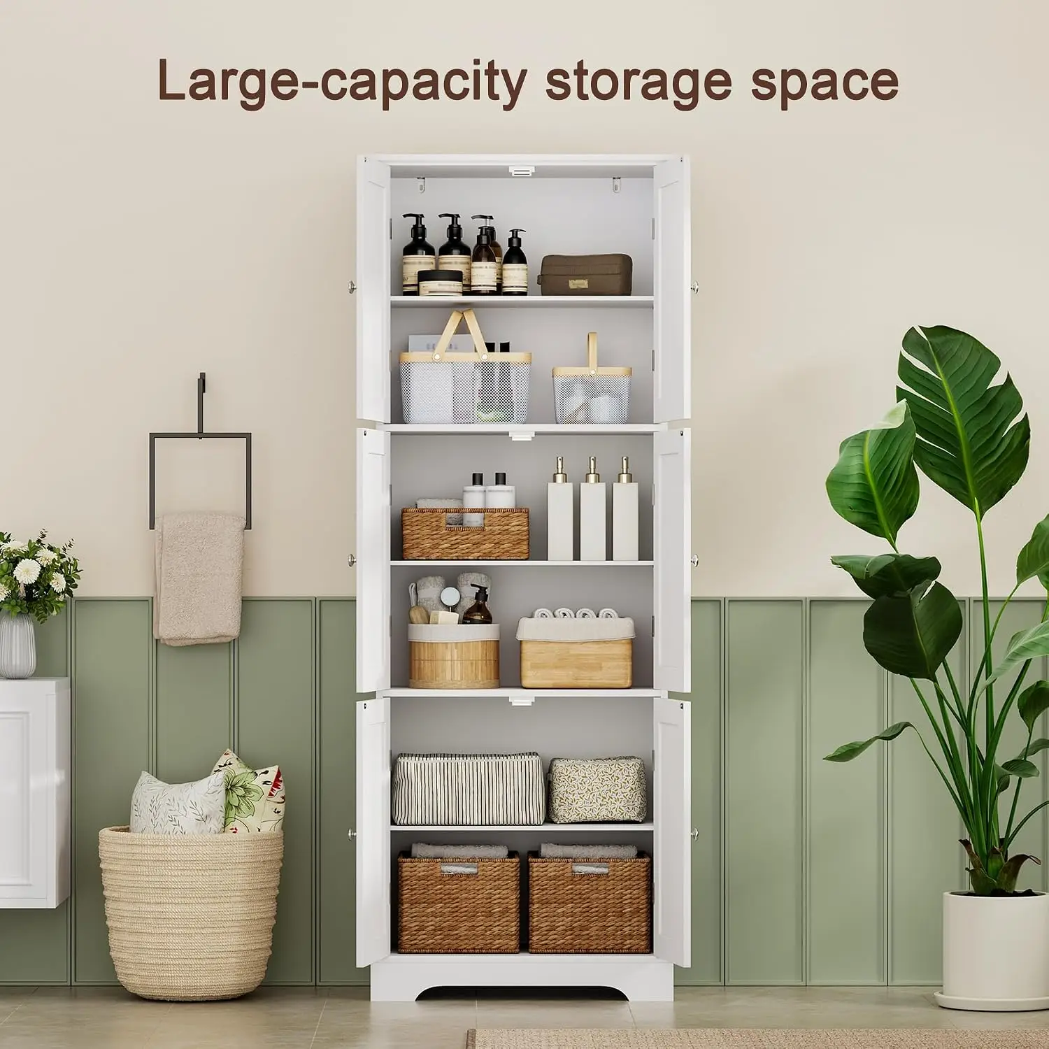 Tall Bathroom Storage Cabinet With Six Doors Freestanding Floor Cabinet With Adjustable Shelves White Pantry Cabinet For Bathroom Kitchen Laundry Room view 4