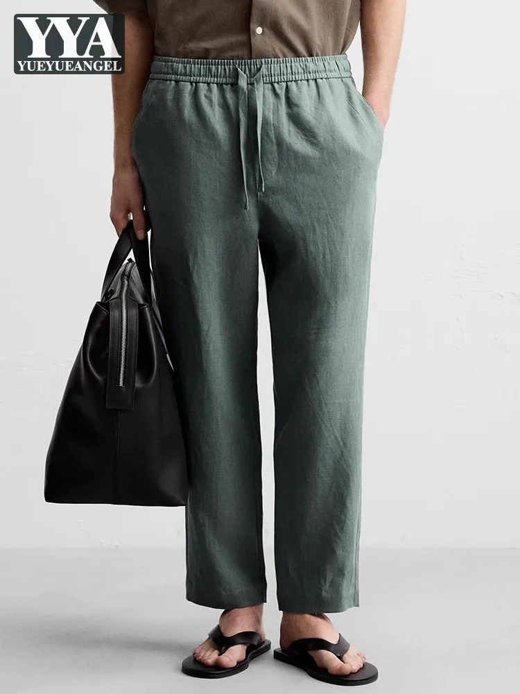 

Summer Mens Linen Beach Pants Comfortable Elastic Waist Slim Fit Straight Trousers Breathable Business Casual Work Cargo Pants