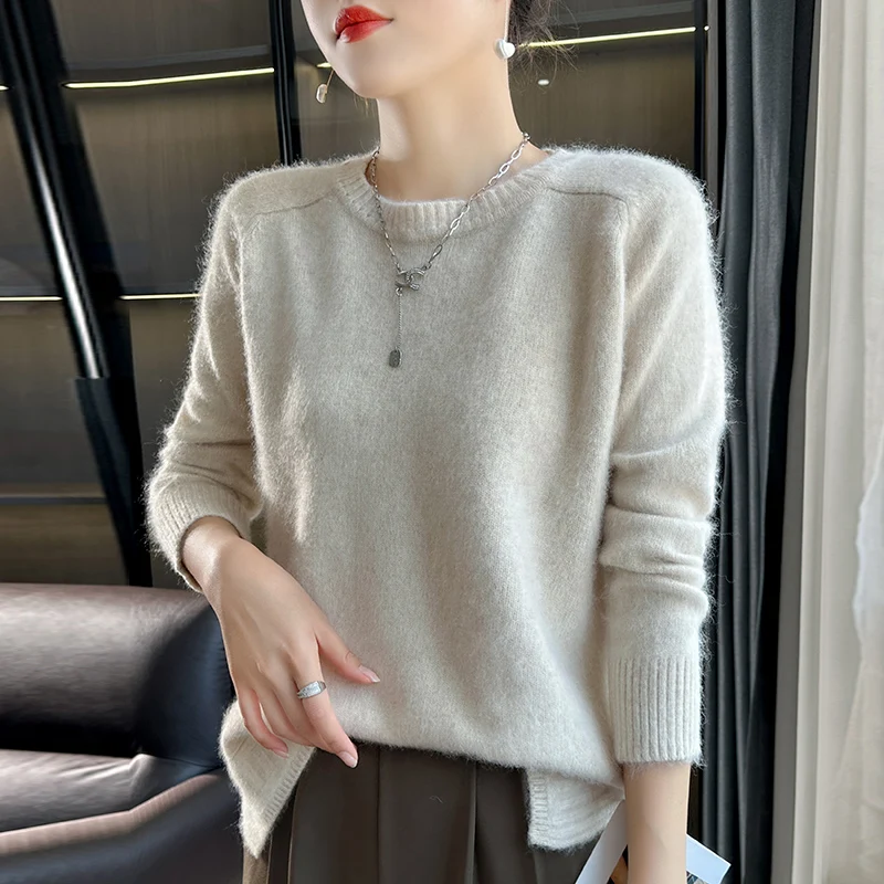 Women's Sweater Autumn/Winter New 100% Cashmere Pullover Casual Solid Color Knitwear Round Neck Blouse Loose and Thickened Tops