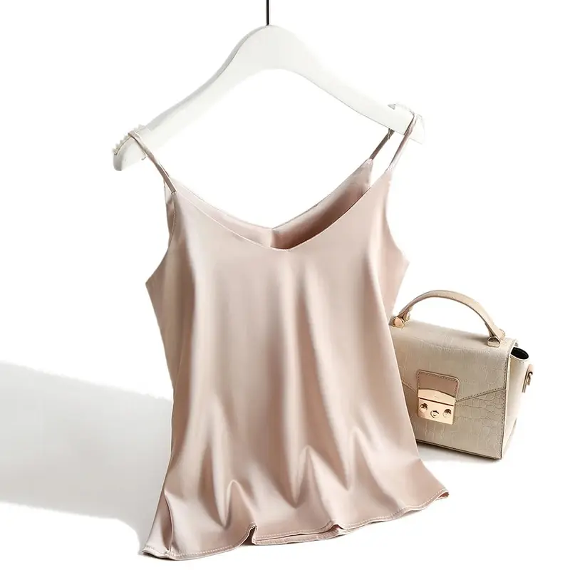 Damen Spaghetti-Träger-Top mit Neckholder und V-Ausschnitt, Basic Weißes Cami, Ärmelloses Satin-Seiden-Tanktop, Damen Sommer 2026 Camisole